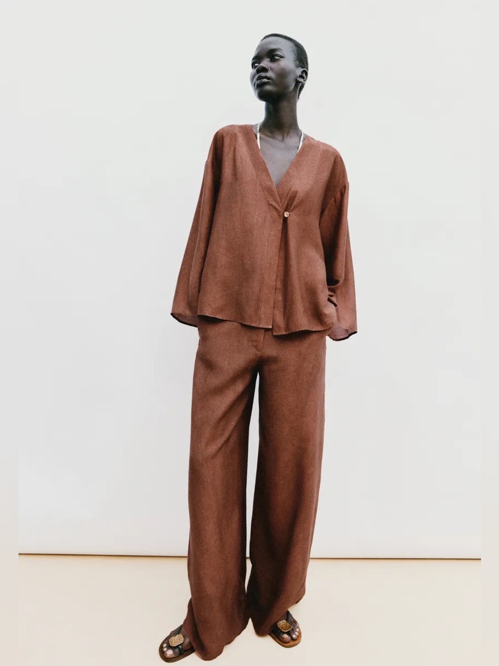 NWT ZARA Wide-Leg Pants Set in Rust Brown